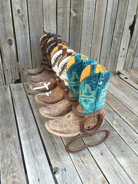 "This is a one level boot rack that can organize up to three pairs of your boots. The boot rack in this picture has a flat brown finish. This boot rack a great way to organize your closet, entry way or another place shoes and boots that get out of control. If you have any questions about this item please message me, I would love to help. Are you purchasing this for a christmas gift, birthday gift, wedding gift or thank you gift? Then add a card to your order to be put in with your gift. These ca Cowboy Boot Rack, Horseshoe Boot Rack, Boot Organizer, Boot Holder, Cute Cowgirl Boots, Horseshoe Crafts Projects, Boot Organization, Western Bedroom Decor, Horseshoe Projects