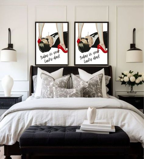 Black and White Retro Poster Print, Room Decor, Gallery Wall, Red Heels, Vintage Vibe, Etsy Poster, Apartment, Dorm, Bedroom, Bar Cart Black White Red Bedroom, Black White And Red Bedroom, Woman Room Decor, Black And White Room Decor, Apartment Vintage, Black And White Room, Black And White High Heels, Red Apartment, Vintage Aesthetic Retro