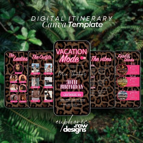 Birthday Weekend Itinerary Invitation. Digital Mobile Phone Girls Trip Invite and Planner Template in Neon Pink, Leopard Print, Vacation - Etsy Birthday Website, Birthday Weekend Itinerary, Trip Planning Template, Birthday Itinerary, Itinerary Invitation, Planning Template, Weekend Itinerary, Itinerary Template, Birthday Planning