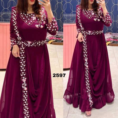 *Saree Gowns* Are The Latest Style Of Draping Sarees 😍😍 So This *Wedding Season * Go For Saree Gown Indo Western Saree Style Gown (2597) *Fabric Description * Georgette Fabric Saree Style Gown Having Beautiful Handwork on neck nd Sleeves Dupatta: beautiful handwork on Drape dupatta Belt: Handwork on belt also *Length* :55"inchs *Size* : 40-42-44 *Ready to dispatch* Limited stock confirm your booking asap . . #sareegown #sareegownstyle #sareegowndesign #designeroutfits #designerpiece # Drape Dresses Indo Western Gown, Drape Dresses Indo Western, Saree Style Gown, Western Saree, Dupatta Draping Styles, Indo Western Saree, Saree Gowns, Saree Drape, Indo Western Gown