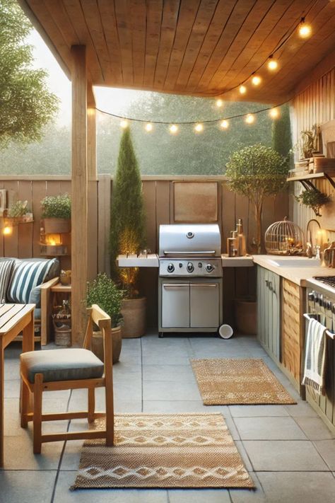 The image showcases a cozy and well-decorated outdoor kitchen and dining area. The space features a wooden ceiling with string lights hanging across, creating a warm and inviting atmosphere. There is a stainless steel grill in the center, surrounded by various potted plants, adding a touch of greenery. To the right, a countertop holds kitchen essentials and a birdcage-like decoration. On the left, a wooden dining table with a chair and a bench, both with cushions. Back Patio Ideas Concrete Outdoor Kitchens, Natural Outdoor Kitchen, Small Outdoor Kitchen Ideas Simple, Outdoor Built In Grill, Back Porch Kitchen, Kitchen Patio Ideas, Outdoor Kitchen Patio Ideas, Outdoor Kitchen Setup, Modern Countertops