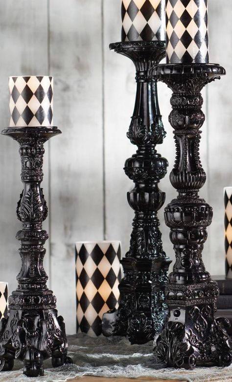 Tall and large ornate gothic candlesticks with black and white pillar candles Gothic Candle Holders, Vampire Lair, Gothic Candle Holder, Gothic Candle, Beautiful Darkness, Gothic Candles, Gothic Interior, Gothic Bedroom, Halloween Mantel