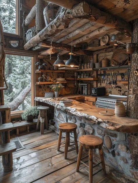 Tiny Yard, Garden Bar Ideas, Small Outdoor Kitchen, Kitchen Ideas For Small Spaces, Bottle House, Rustic Log Cabin, Outdoor Kitchen Ideas, Cafe Ideas, Rustic Kitchen Design