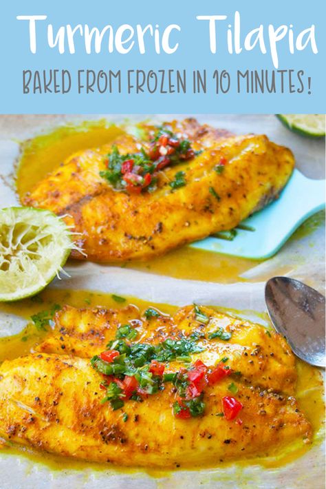 An easy, fresh, 10 minute fish dinner! Baked straight from frozen and all on one sheet pan for easy cleanup. Effortless and tasty! #turmeric #tilapia #bakedfish #15minutemeal #broiledfish Frozen Fish Recipes, Tilapia Dinner, Baked Tilapia Recipes, Frozen Tilapia, Camp Recipes, Fish Dinners, Baked Tilapia, Turmeric Recipes, Tilapia Recipes