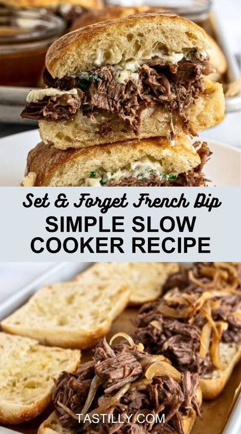 Set & Forget French Dip: Simple Slow Cooker Recipe - Tastilly Au Jus Sauce, Jus Sauce, French Dip Recipes, French Dip Crock Pot, French Dip Sandwich, Slow Cooker Recipe, Crockpot Recipes Beef, French Dip, Crockpot Dishes