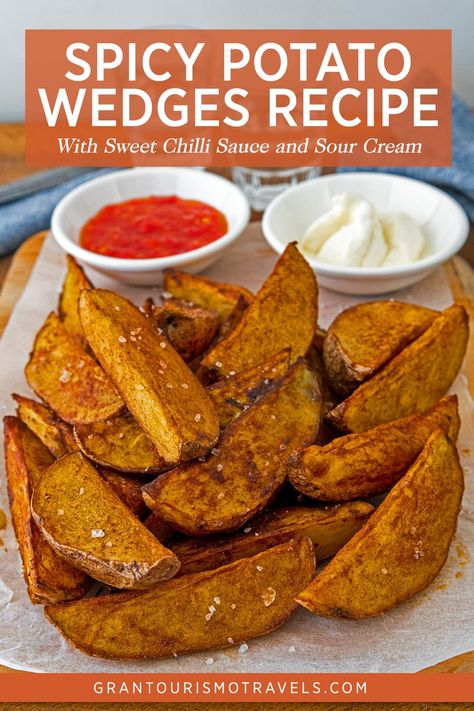 Spicy Potato Wedges with Sweet Chilli Sauce and Sour Cream Recipe Spicy Potato Wedges, Sour Cream Recipe, Takeout Recipes, Potato Wedges Recipe, Wedges Recipe, Potato Wedges Baked, Best Burger Recipe, Sour Cream Recipes, Sweet Potato Wedges