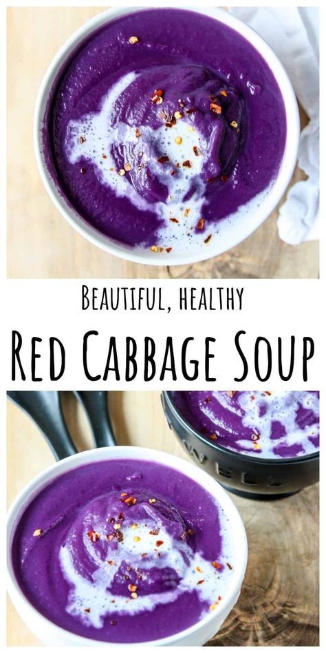 This beautiful purple cabbage soup is every bit as delicious as it is spectacular. It's also easy to make (30 minutes). This vegan red cabbage soup has a coconut milk base and it's gluten free, too. It's thick, creamy and super nutritious. Pickled Purple Cabbage Recipe, Purple Cabbage Wraps, What To Do With Purple Cabbage, Meals With Red Cabbage, Red Cabbage Stir Fry Recipes, Recipes With Red Cabbage, Soupy Time, Purple Cabbage Soup, Vegan Red Cabbage