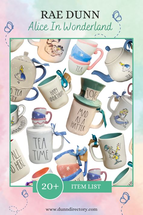 Decorate your home in fun Disney ceramics with this 20+ item release list of ceramics and home decor by the celebrated farmhouse wabi sabi artist Rae Dunn. #raedunndisney #raedunndisneydisplay #raedunndisneycollection #raedunndisneymugs #raedunndisneykitchen #raedunndisneydisplayides #raedunnaliceinwonderland #raedunnaliceinwonderlanddisplay Rae Dunn Alice In Wonderland, Alice In Wonderland Kitchen, Disney Ceramics, Alice In Wonderland Home Decor, Alice In Wonderland Decor, Happy Unbirthday, Rae Dunn Disney, Wonderland Decor, Alice In Wonderland Tea Party Birthday