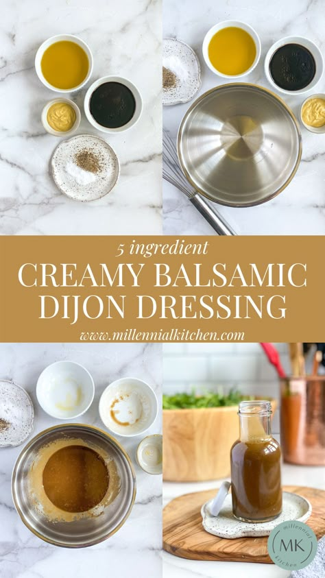 A creamy and tangy combination of olive oil, balsamic vinegar, and dijon mustard. Creamy Balsamic Dressing is great on salads, vegetables, chicken, fish, and more! Balsamic Mustard Dressing, Olive Oil Balsamic Vinegar Dressing, Dijon Balsamic Vinaigrette, Balsamic Vinegrette, Mustard Sauce For Chicken, Dijon Vinaigrette Dressing, Millennial Kitchen, Balsamic Vinegarette, Creamy Balsamic Dressing