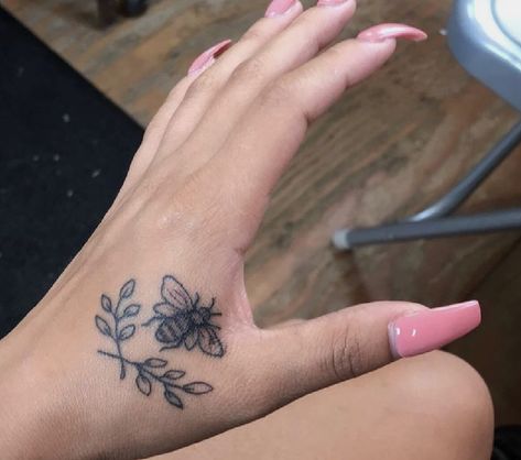 Bee On Hand Tattoo, Hand Bee Tattoo, Tattoo Between Thumb And Index Finger, Bee Thumb Tattoo, Bee Hand Tattoo For Women, Side Of Thumb Tattoo, Hand Tattoo Thumb, Tattoo On Thumb Side, Hand Thumb Tattoo