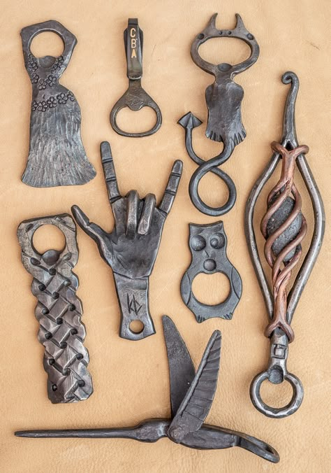 California Blacksmith Association - Open It With Art Gallery Blacksmith Bottle Opener, Blacksmith Projects That Sell, Blacksmith Projects Ideas, Metal Sculpture Ideas, Medieval Blacksmith, Forging Ideas, Blacksmith Art, Iron Forge, Iron Ideas