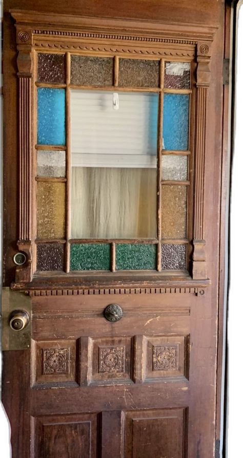 Large Glass Doors Entrance, Interesting Front Doors, Hexagon Door Design, 1960 Front Door, Vintage Wood Doors, Door With Stained Glass Panel, Stained Glass French Doors, Stained Glass Doors Entrance, Stained Glass Doors Interior