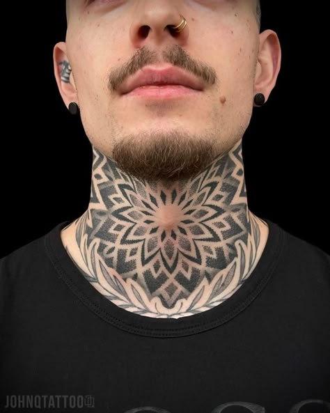 Mandala Throat Tattoo, Geometric Neck Tattoo, Geometric Throat Tattoo, Mandala Tattoo Neck, Geometric Tattoo Neck, Swedish Tattoo, Gap Filler Tattoo, Front Neck Tattoo, Full Neck Tattoos