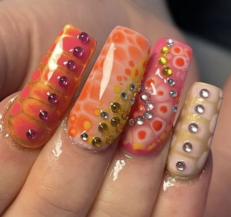 Long Unique Nails, 2000s Nails Trends, 2000s Photography, Mosaic Nails, Bling Acrylic Nails, Kawaii Nails, Fire Nails, Dream Nails, Funky Nails