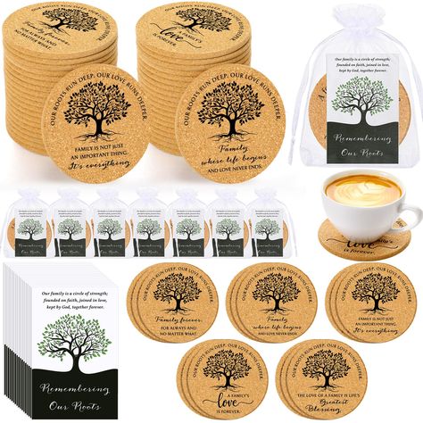 PRICES MAY VARY. Family Reunion Gifts in Bulk: the package contains 50 sets family reunion favors, including 50 pieces family reunion personalized coasters, 50 pieces cards, 50 pieces organza bags, enough quantity to cater to large gatherings or parties Elastic and Non Slip: the family coasters for drinks are made from cork, featuring elasticity and good water absorbing quality, even not easy to slip, giving a good protection to your table surfaces from unsightly ring marks and beverage spills, Family Reunion Keepsakes Diy, Family Reunion Souvenirs Ideas, Family Coasters, Family Reunion Keepsakes, Family Reunion Ideas, Reunion Favors, Family Reunion Favors, Cork Mat, Family Reunion Gifts