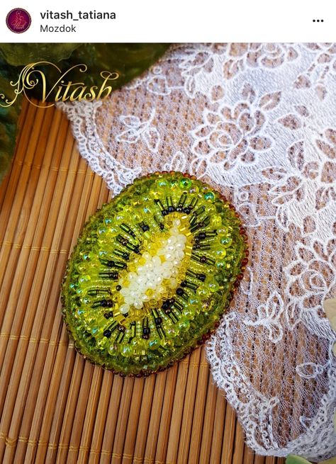 Olive Beaded Embroidery, Fruit Bead Embroidery, Beaded Embroidery Designs, Bead Embroidery Patterns Beadwork Design, Beaded Embroidery Shirt, Kiwi Embroidery, Beaded Shirt, Diy Bead Embroidery, Tambour Embroidery