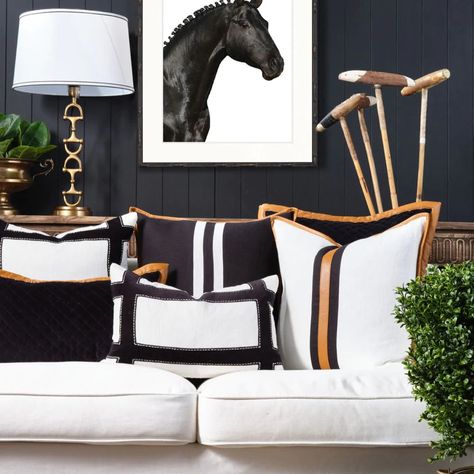 Portofino Black 50x50 – BEON Black And White Cushions, Equestrian Chic, British Colonial Style, Equestrian Decor, Black And White Interior, Hamptons Style, Chic Interior, Square Quilt, Country Decor