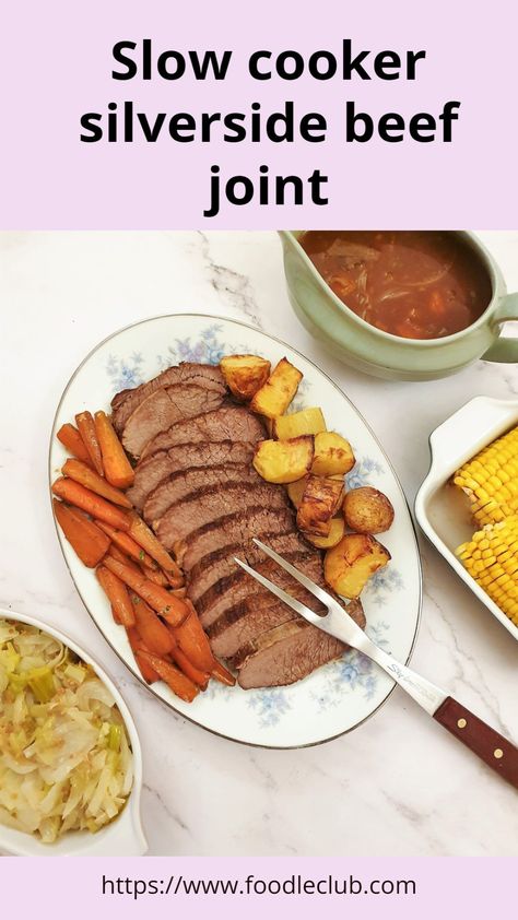 Slices of slow cooker beef silverside on a plate with carrots and potatoes. Slow Cooked Silverside, Homemade Fish Cakes, Sauteed Potatoes, Tasty Meals, Yorkshire Pudding, Cookery Books, Tender Beef, Hearty Dinner, Bowl Of Soup