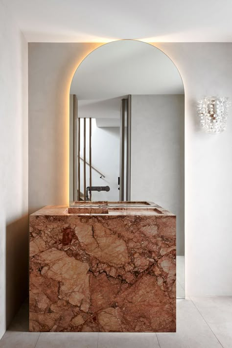 marble vanity in the powder room Ultrafragola Mirror, Custom Bunk Beds, Est Living, Powder Room Design, Pink Palette, Room Idea, Brass Floor Lamp, Australian Homes, House Bathroom