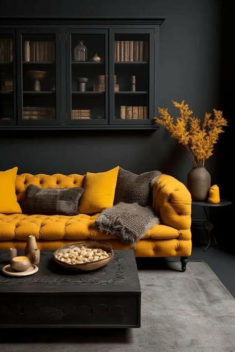 Mustard Living Rooms, Simple Bed Designs, Dark Living Rooms, Sofa L, Wooden Bed Design, Black Living Room, Set Sofa, Bed Design Modern, Transitional Living