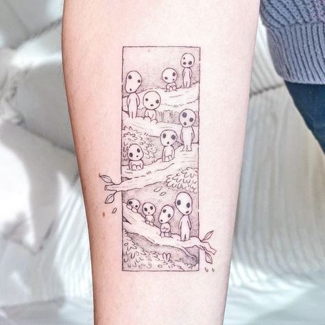 Kodama Tree Spirit Tattoo, Ghibli Tattoo Sleeve, Miyazaki Tattoos, Maggie Tattoo, Tree Spirit Tattoo, Ghibli Tattoo Ideas, Kodama Tree Spirit, Princess Mononoke Kodama, Kodama Tattoo