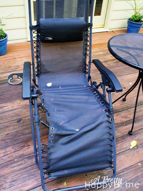 Zero Gravity Chair Repair waste knot, want knot. ;) REPAIR, dont buy Camping Renovations, Patio Chairs Makeover, Redoing Furniture, Repurpose Furniture, Diy Upholstery, Chair Redo, Chair Repair, Folding Lounge Chair, Lawn Chair