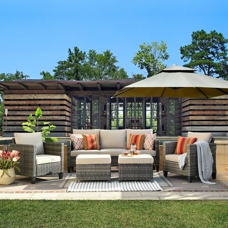 Create a relaxing retreat for lounging and enjoying the outdoors. Rustic Patio Decorating Ideas, Outdoor Patio Couch, Patio Sectional Furniture, Porch Inspiration, Patio Furniture Conversation Sets, Small Patio Design, Outdoor Sectional Furniture, Sofa With Cushions, Modern Outdoor Patio