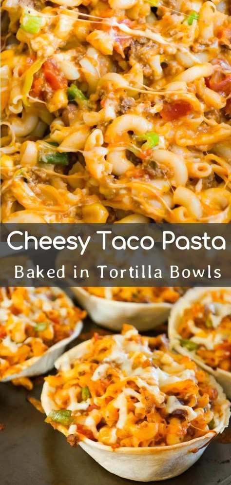 Taco Pasta is an easy ground beef dinner recipe that is fun and kid friendly. This cheesy macaroni tossed in salsa and taco sauce is baked in Old El Paso Tortilla Bowls. Easy Ground Beef Dinner, Cheesy Taco Pasta, Kid Friendly Meals Dinner, Ground Beef Dinner, Cheesy Macaroni, Tortilla Bowls, Easy Ground Beef, Taco Pasta, Taco Sauce