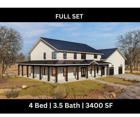 3412 SF Barndominium |4 Bedroom | 3.5 Bathroom | 3 Car Garage | Office Space - Drawing Blueprints Total Living Area:3412 Sq. Ft. First Floor Area: 2000 Sq. Ft. Second Floor Area:1412 Sq. Ft. This is a digital download of the complete drawing set of this house. Once you place your order, you will be provided with an instant download link to a PDF scaled for 24"x36" Arch D paper. Drawings included in the set: - COVER PAGE  - FIRST FLOOR PLAN - SECOND FLOOR PLAN - ROOF PLAN - FRONT AND REAR ELEVATI 4 Bedroom 3.5 Bath Barndominium, 2000 Sq Ft Barndominium Floor Plans 4 Bedroom, Barndominium Plans 4 Bedroom, 3000 Sq Ft Barndominium Plans, Barndominium Floor Plans 2000 Sq Ft, 5 Bedroom Barndominium Floor Plans 2 Story, 4 Bedroom Barndominium Floor Plans With Shop, Barndominium 4 Bedroom Floor Plans, 4 Bedroom Barndominium Floor Plans 2 Story