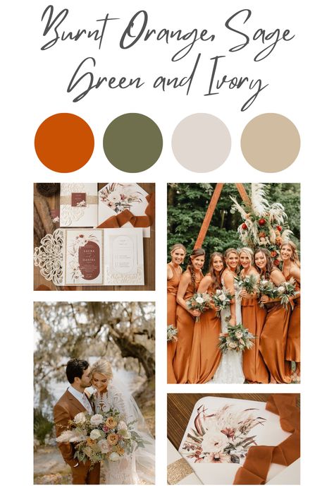 Rust Brown And Sage Green Wedding, Dusty Orange And Sage Wedding, Sage Green And Burnt Orange Bridal Party, Burnt Orange Ivory And Sage Green Wedding, Olive Green And Orange Wedding Theme, Burnt Orange And Green Wedding Cake, Sage Green Burnt Orange And Cream Wedding, Safe Green And Burnt Orange Wedding, Burnt Orange Summer Wedding