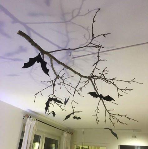 Twig Halloween Decor, Halloween Twig Tree, Halloween Ceiling Decoration, Bat Themed Birthday Party, Hanging Bats For Halloween, Chandelier Halloween Decor, Ceiling Halloween Decorations, Ceiling Halloween Decor, Halloween Ceiling Decor