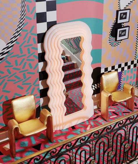 Sasha Bikoff, Staircase Interior, Modern Hotel Lobby, Curvy Mirror, Memphis Group, Nathalie Du Pasquier, Memphis Milano, Memphis Design, Sideboard Designs