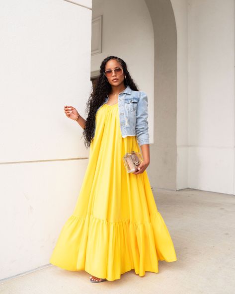 My new favorite look ☀️⁠ ⁠ Shop this look at shopkosmios.com ⁠ ⁠ Search | SUNRISE BEAUTY MAXI DRESS | MATCHING VIBES JACKET Maxi Dress And Sneakers Outfit, Maxi Dress And Sneakers, Dress And Sneakers, Dress And Sneakers Outfit, Color Blocking Outfits, Maxi Dress Outfit, Yellow Maxi, Classic Denim Jacket, Pleated Maxi Dress