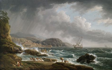 Artwork by Carlo Bonavia, A Southern rocky coastal landscape during a tempest with a wreck, Made of Oil on canvas Albert Bierstadt Paintings, Hudson River School Paintings, Seascapes Art, Albert Bierstadt, Hudson River School, Sound Art, Ocean Wallpaper, Classic Paintings, Coastal Landscape