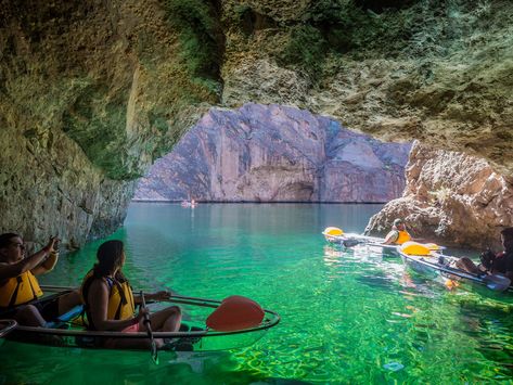 The Arizona-Nevada border is home to a cave with deep jade green waters, and Vegas Glass Kayaks leads glass-bottom kayak tours through it. Arizona Attractions, Arizona Adventure, Boulder City, Lake Mead, Kayak Adventures, Kayak Tours, Cave In, Arizona Travel, Vegas Trip