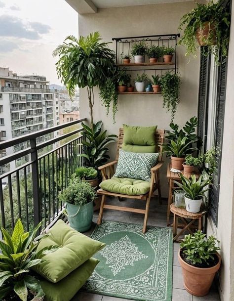 Small Green Apartment, Cozy Balcony Ideas, Terrace Chair, Balcon Mic, Small Apartment Balcony Ideas, Balkon Decor, Small Balcony Garden, Small Balcony Design, Cozy Patio