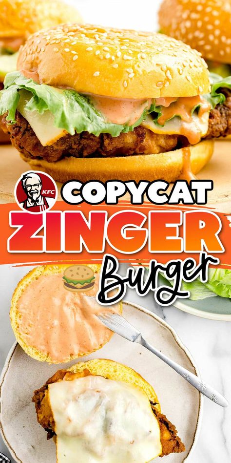 Our Copycat KFC Zinger Burger recipe makes it easy to recreate the famous fast food crispy fried chicken sandwich at home. A crispy chicken sandwich with a creamy spicy burger sauce with a "zing"! All topped with cheese and lettuce, and served inside soft sesame seed buns. Homemade Zingers, Chicken Zinger Burger, Chicken Burger Sauce, Spicy Burger Sauce, Zingers Recipe, Crispy Fried Chicken Sandwich, Kfc Zinger Burger, Zinger Burger Recipe, Copycat Kfc Chicken