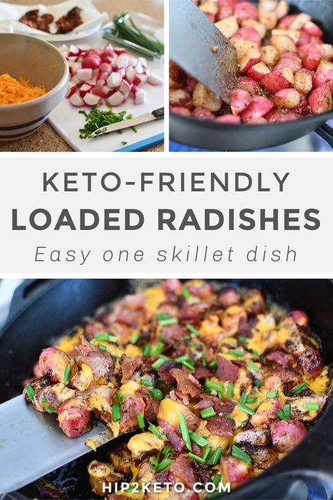 If you miss eating high-carb potatoes, you've gotta try pan frying some radishes! It's an easy idea I've been obsessed with ever since I made breakfast radishes to put in these yummy bacon and egg burritos. #keto #recipes Loaded Radishes, Egg Burritos, Radish Recipes, Pan Frying, Keto Brownies, Keto Side Dishes, Egg Diet, Diet Help, Bacon Cheese