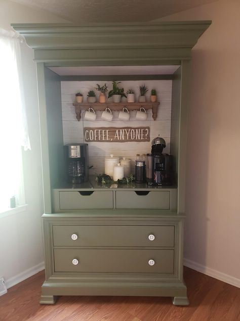 Hutch Makeover Coffee Bar, Armoire Coffee Bar, Coffee Hutch, Coffee Bar Hutch, Old Furniture Makeover, Bar Hutch, Armoire Bar, Coffee Bar Station, Furniture Remodeling