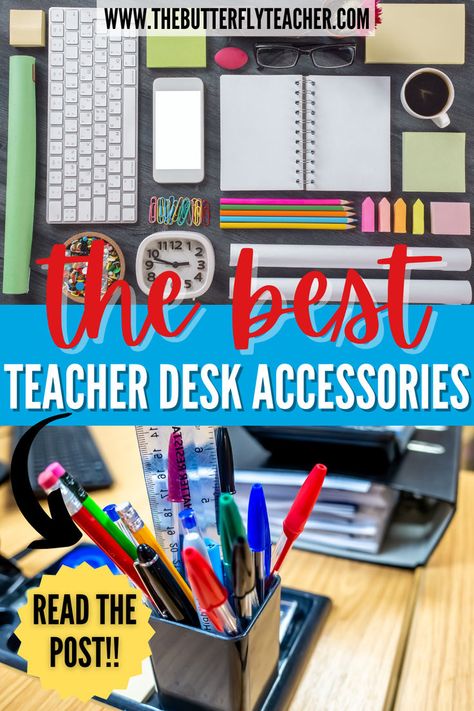 Tidy up your teacher desk with flair! Dive into our blog post for chic and practical teacher desk organization accessories and ideas. Whether it's your classroom desk or home work area, these tips will transform your space into an organized haven. Perfect for teachers seeking a stylish yet functional workspace upgrade! Teacher Desk Drawer Organization, Middle School Teacher Desk Setup, Teacher Desk Area Ideas, Teacher Desk Area Organization, High School Teacher Desk Organization, Teacher Desk Organization Ideas, Teacher Assistant Desk Ideas, Classroom Or Desk Organization Ideas, Teachers Desk Ideas