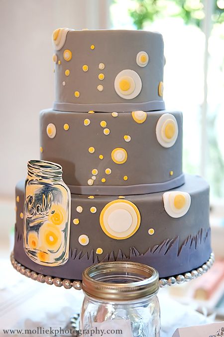 Firefly and mason jar wedding cake at The Allan House. Photo by Mollie Kendall Photography. Firefly Wedding, Grey Cake, Bakery Names, Wedding Grey, Mason Jar Cookies, Mason Jar Design, Birthday Party Activities, House Photo, Mason Jar Wedding