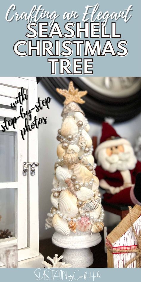 How to make a seashell Christmas tree- a DIY seashell Christmas tree that is perfect for the holidays, but you can keep it up year-round too! Crafts To Gift, Seashell Christmas Tree, Tabletop Diy, Sand Dollar Craft, Crafts Upcycling, Seashell Christmas, Diy Table Top, Shells Diy, Christmas Berries