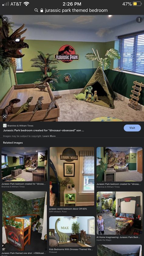 Jurassic Room Ideas, Jurassic Park Baby Room, Dinosaur Room Inspiration, Dinosaurs Room Ideas Bedrooms, Jurassic World Room Decor, Jurassic Park Room Ideas, Jurassic World Room Ideas, Dinosaur Display Boy Rooms, Jurassic World Bedroom Ideas