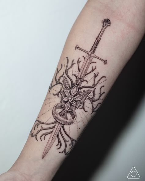 Lotr Tree, Narsil And Evenstar Tattoo, Aragorn And Arwen Tattoo, The Fellowship Of The Ring Tattoo, Lord Of The Rings Tattoo Legolas, Matching Tattoos Couples Lotr, Lord Of The Rings Images, Aragorn Tattoo Ideas, Lotr Balrog Tattoo