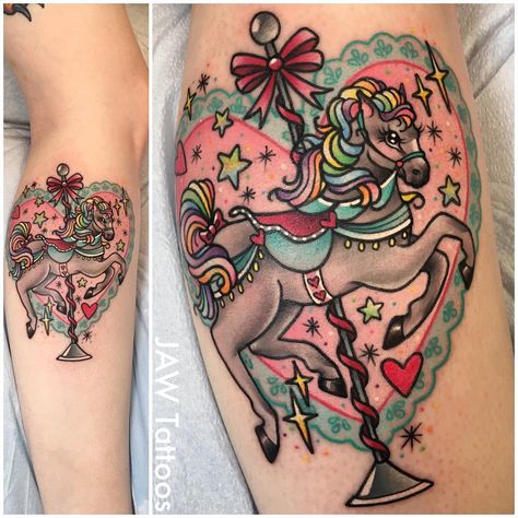 Jess White Carousel Horse Tattoos, Carousel Tattoo, Dopamine Tattoo, Zebra Tattoos, Globe Tattoos, Unicorn Tattoo, Neon Tattoo, Seahorse Tattoo, Indoor Bonsai Tree