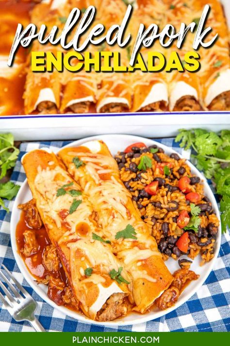 Pulled Pork Enchiladas Recipe - super easy to make and tastes great! Two of our favorite flavors in one pan! BBQ pulled pork, flour tortillas, barbecue sauce, enchilada sauce, and shredded cheese. Ready to eat in under 30 minutes! Serve with some Mexican rice and beans. Don’t forget the chips and salsa! Mexican Shredded Pork Crockpot, Shredded Pork Enchiladas Easy, Pork Enchiladas Shredded, Homemade Pulled Pork, Casserole Dinners, Pulled Pork Enchiladas, Mexican Chopped Salad, King Ranch Chicken Casserole, Pork Enchiladas