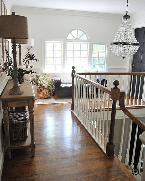 This chandelier!!! Open Concept Upstairs Hallway, Hallway Loft Ideas, Upstairs Hallway Nook Ideas, Upstairs Corner Hallway Ideas, Upstairs Hallway Seating Ideas, Landing Room Ideas Upstairs, Cottage Landing Ideas Upstairs, 2nd Floor Hallway Ideas, Large Landing Ideas Upstairs