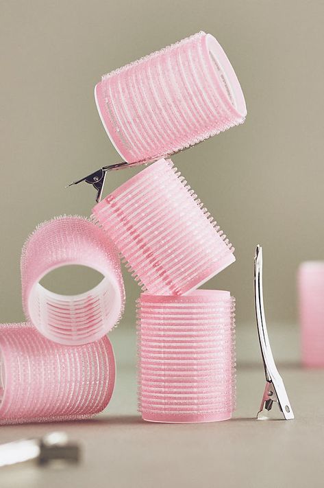 These velcro rollers can be used on wet or dry hair to result in bouncy, heatless curls. | Velcro Roller Kit by Mermade Hair in Pink, Women's, Nylon at Anthropologie Pink Hair Rollers, Hair Curling Rods, Pink Hair Tools, Hair Set, Heat Rollers, Pink Hair Products, Heatless Rollers, Rollers Hair, Hair Rollers Aesthetic