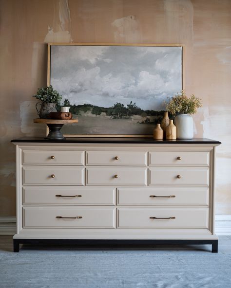 This dresser was painted with my all time favorite paint Wise Owl one hour enamel in the color “Linen” 😍 Swipe to see the before! Greige Dresser Makeover, Favorite Paint, Dresser Makeover, Silver Lake, Flipping Furniture, Lake House, All About Time, Dresser, Furniture