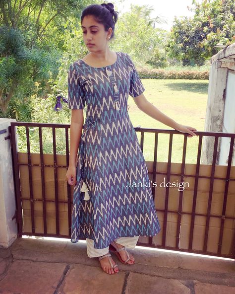 Very elegantly designed indigo ikat kurti. #newcollection #style #cotton #casualoutfit #ikat #gorgous #love #indianwear #ethnic #fashiondiaries #indaincolors #designer #by @jankisdesign Ikath Kurthies Designs, Ikat Salwar Suit Designs, Ikat Suit Designs, Ikat Kurta Designs Cotton, Pochampally Dress Designs, Pochampally Kurtis Designs, Ikat Kurti Designs, Ikat Kurta Designs, Sambalpuri Kurta Designs